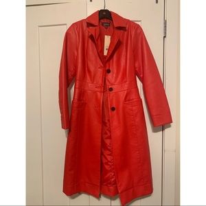 Red faux leather trench coat